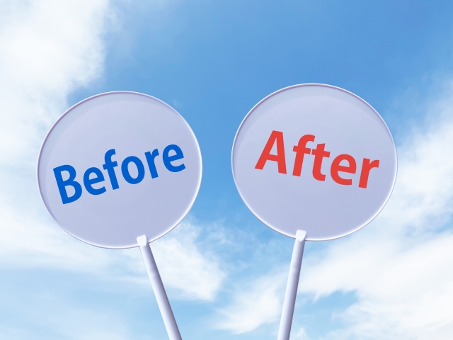 青空にBeforeとAfterの丸プレート