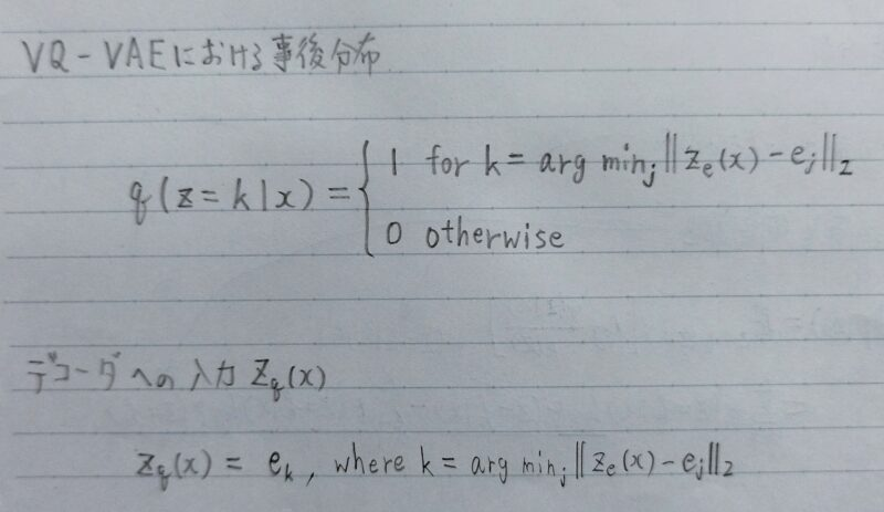 VQ-VAEにおける事後分布q(z|x)の式とデコーダへの入力zq(x)の式