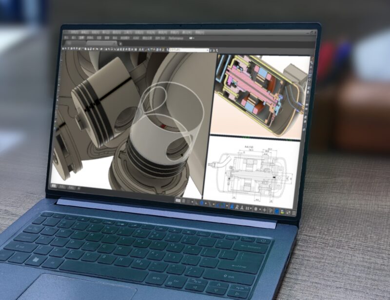 ノートPCの画面に映る3次元CAD画像