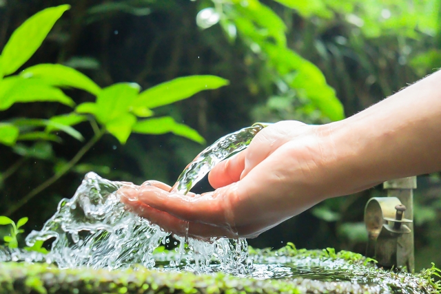 湧水で手を洗う